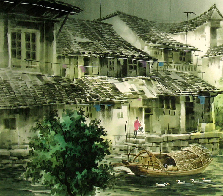 张明康江南风景水彩画