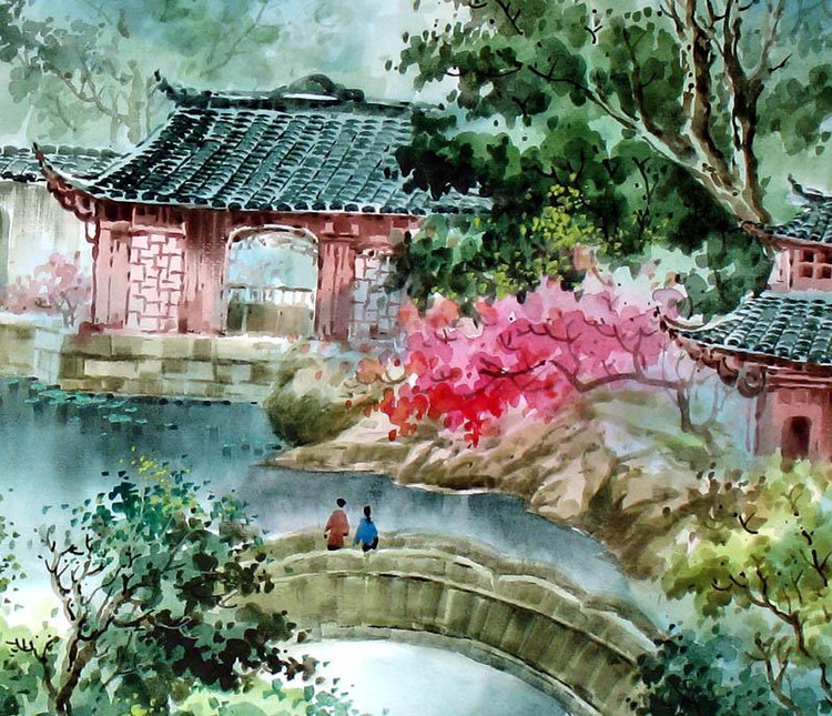 张明康江南风景水彩画
