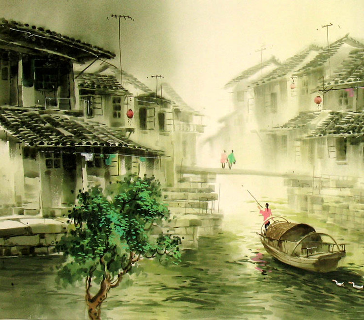 张明康江南风景水彩画