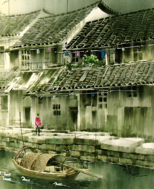 张明康江南风景水彩画