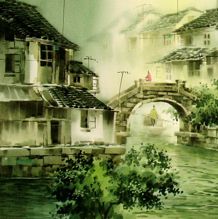 张明康江南风景水彩画