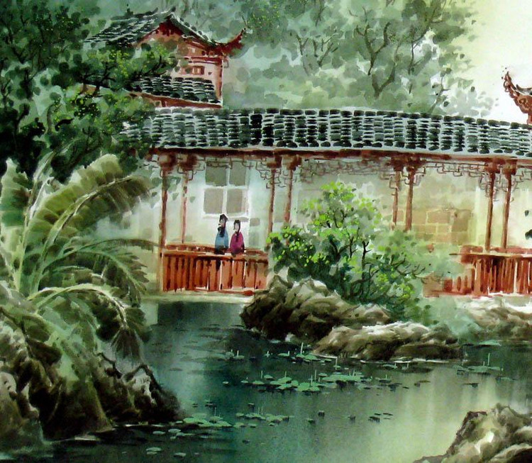 张明康江南风景水彩画