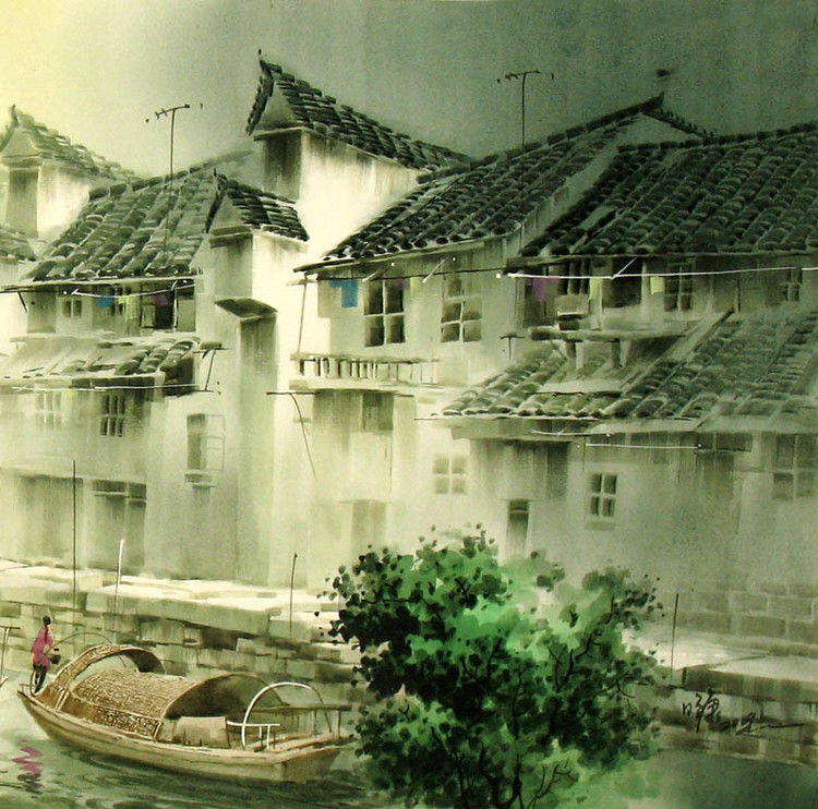 张明康江南风景水彩画
