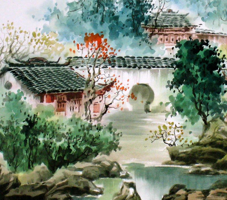 张明康江南风景水彩画