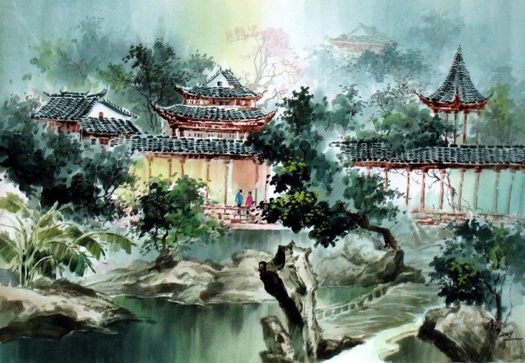 张明康江南风景水彩画