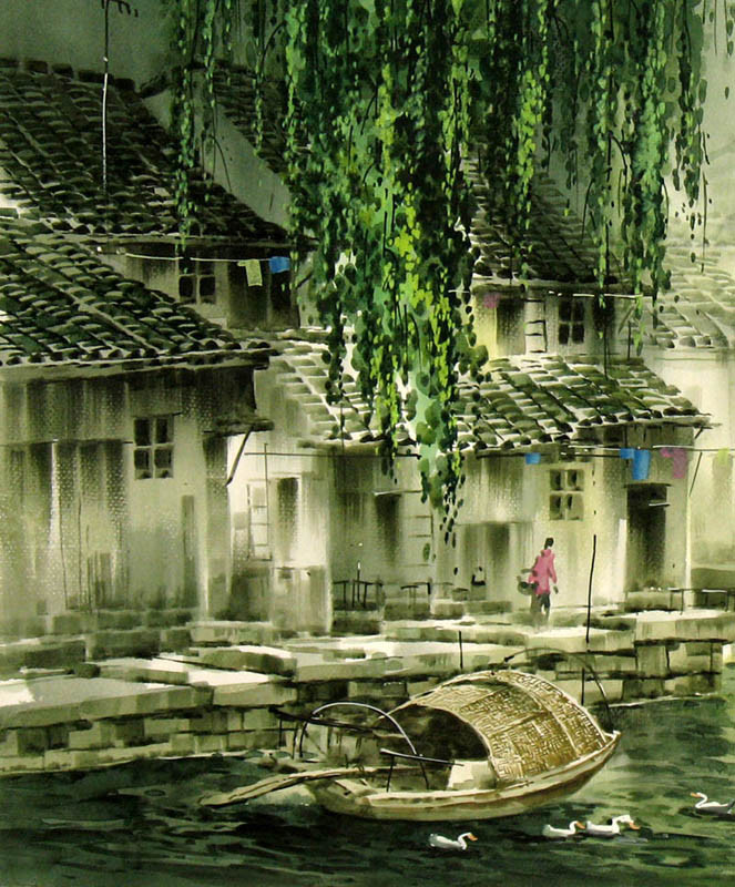 张明康江南风景水彩画