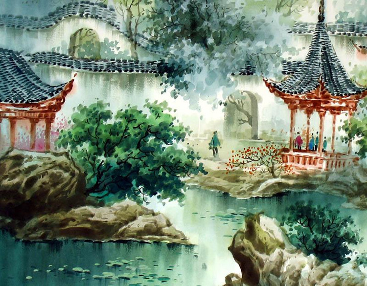 张明康江南风景水彩画