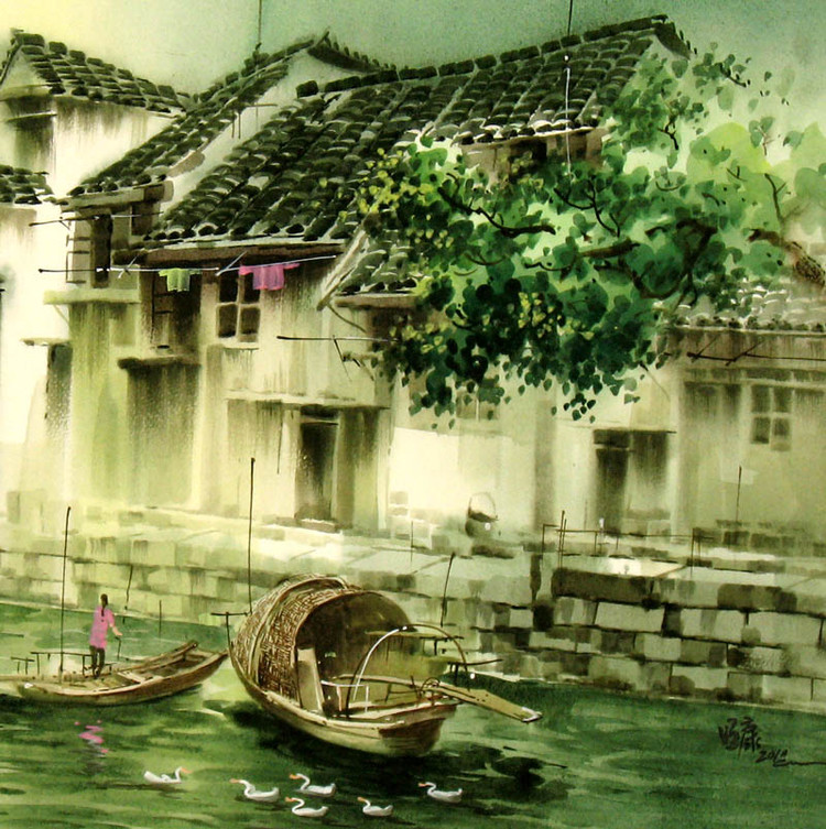 张明康江南风景水彩画