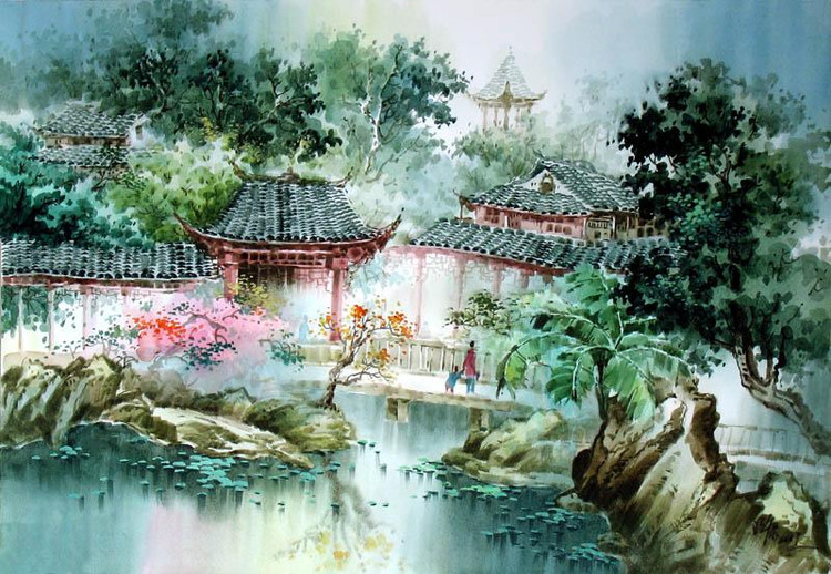 张明康江南风景水彩画