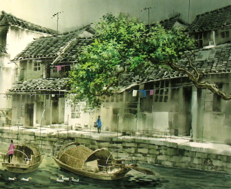 张明康江南风景水彩画