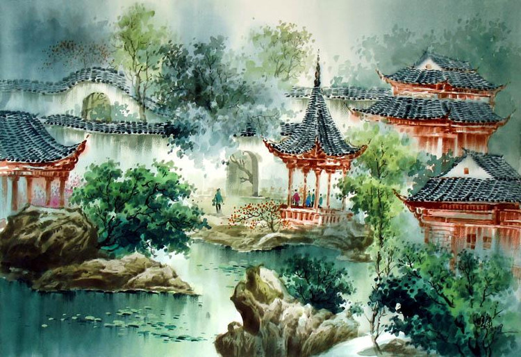 张明康江南风景水彩画