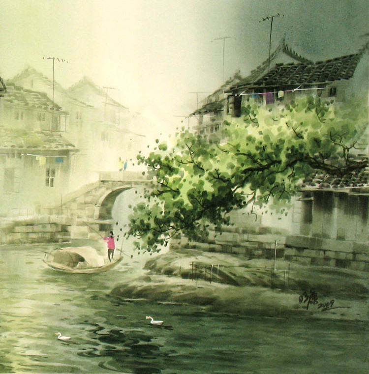 张明康江南风景水彩画