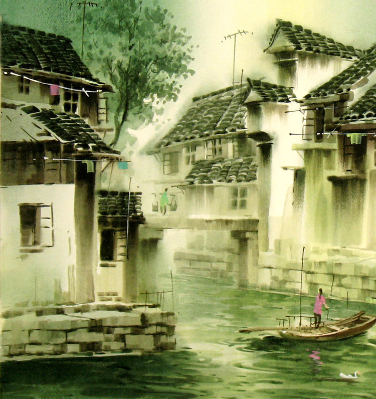 张明康江南风景水彩画