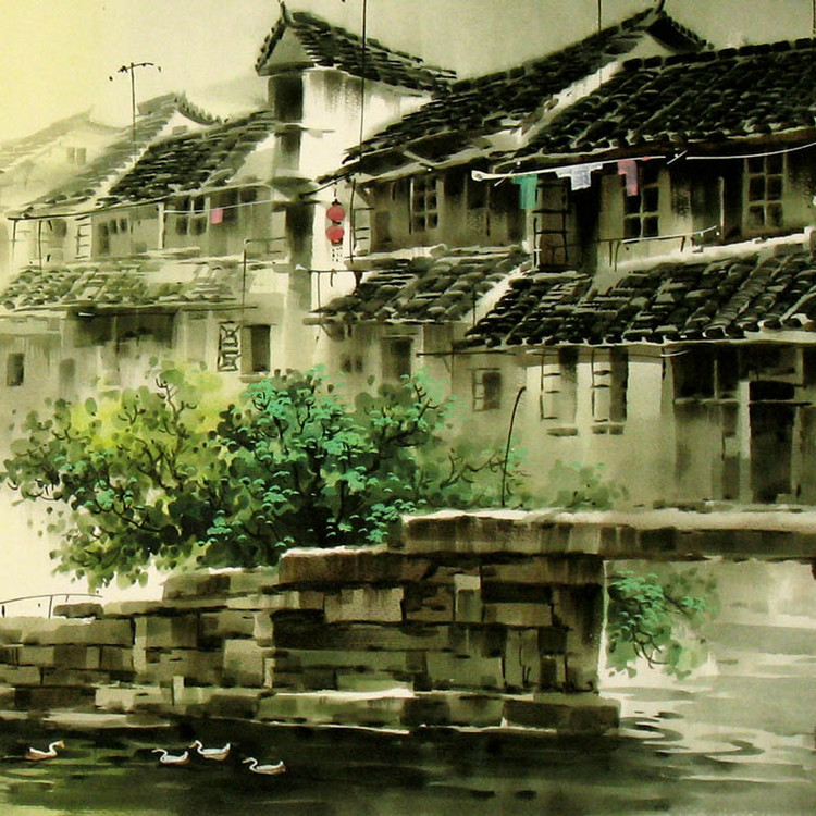 张明康江南风景水彩画