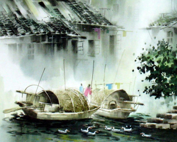 张明康江南风景水彩画