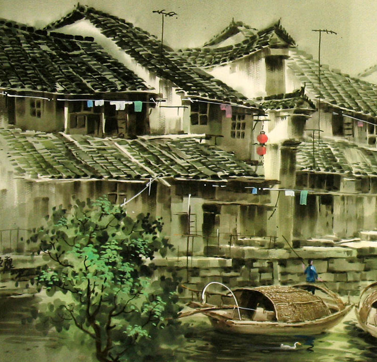 张明康江南风景水彩画
