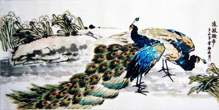 谭翃晶国画孔雀作品