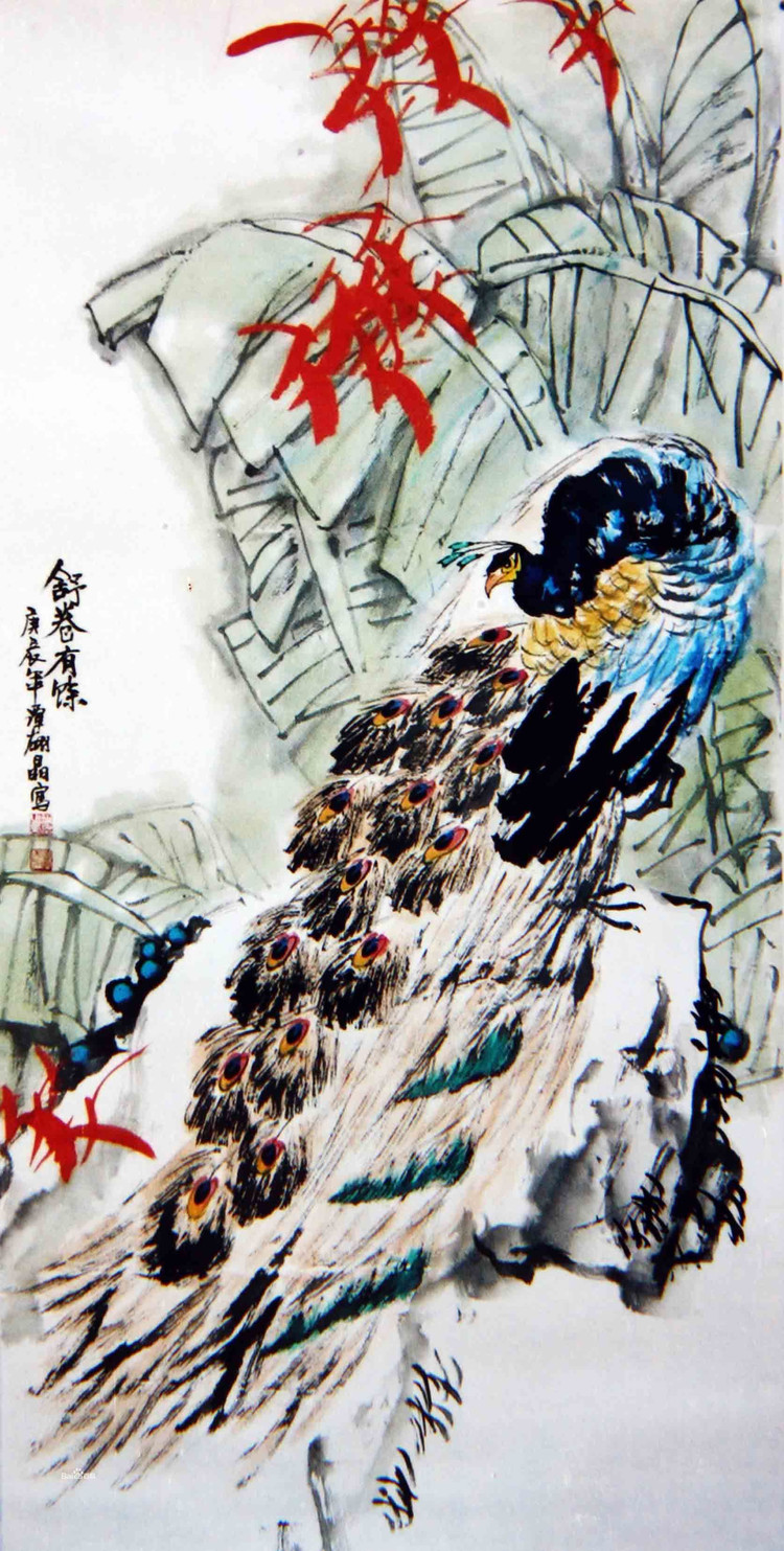 谭翃晶国画孔雀作品
