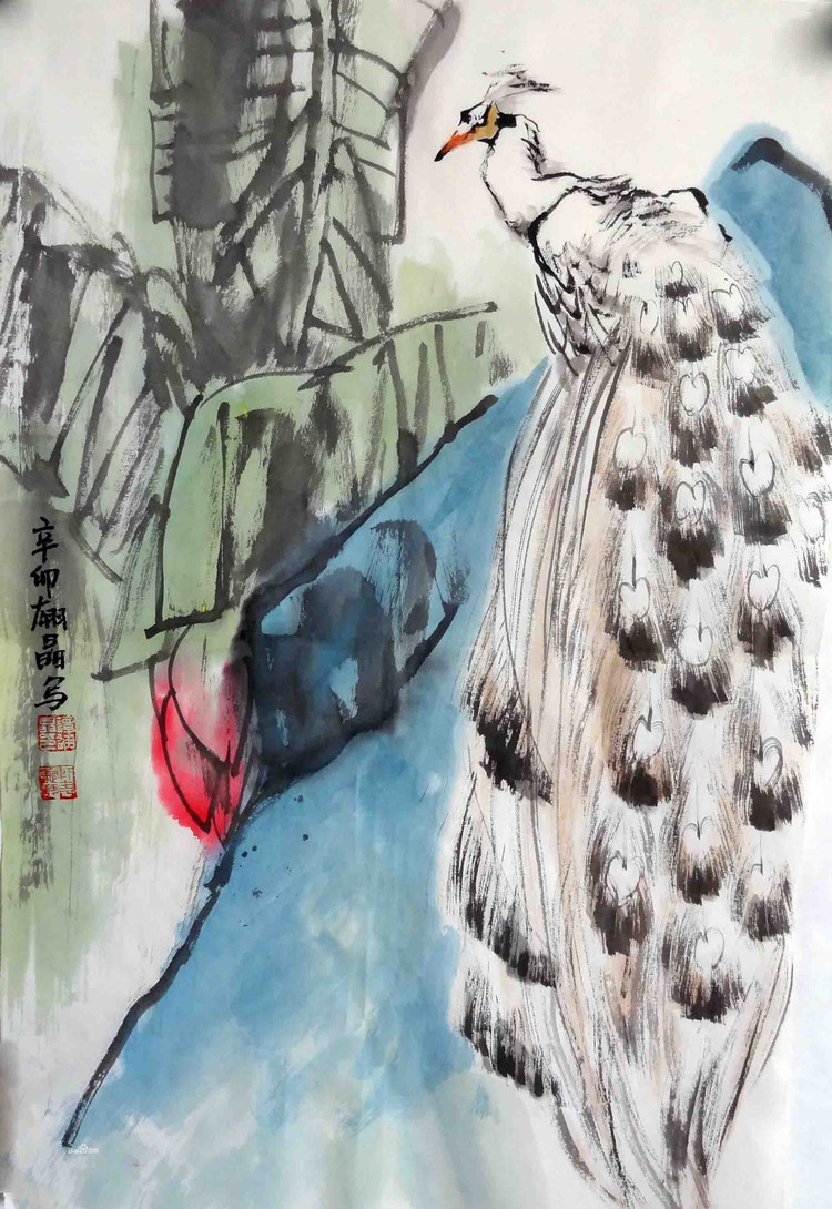 谭翃晶国画孔雀作品