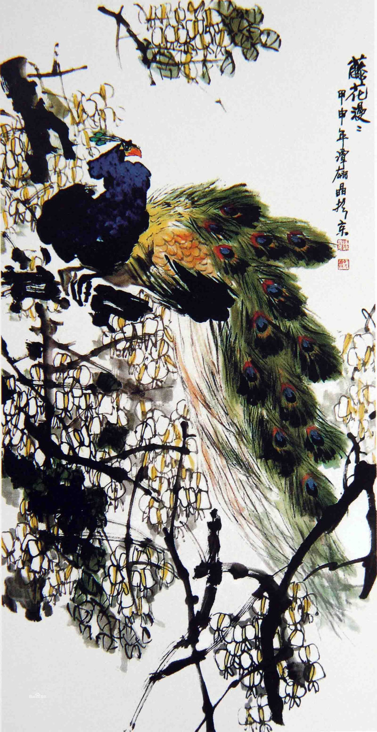 谭翃晶国画孔雀作品