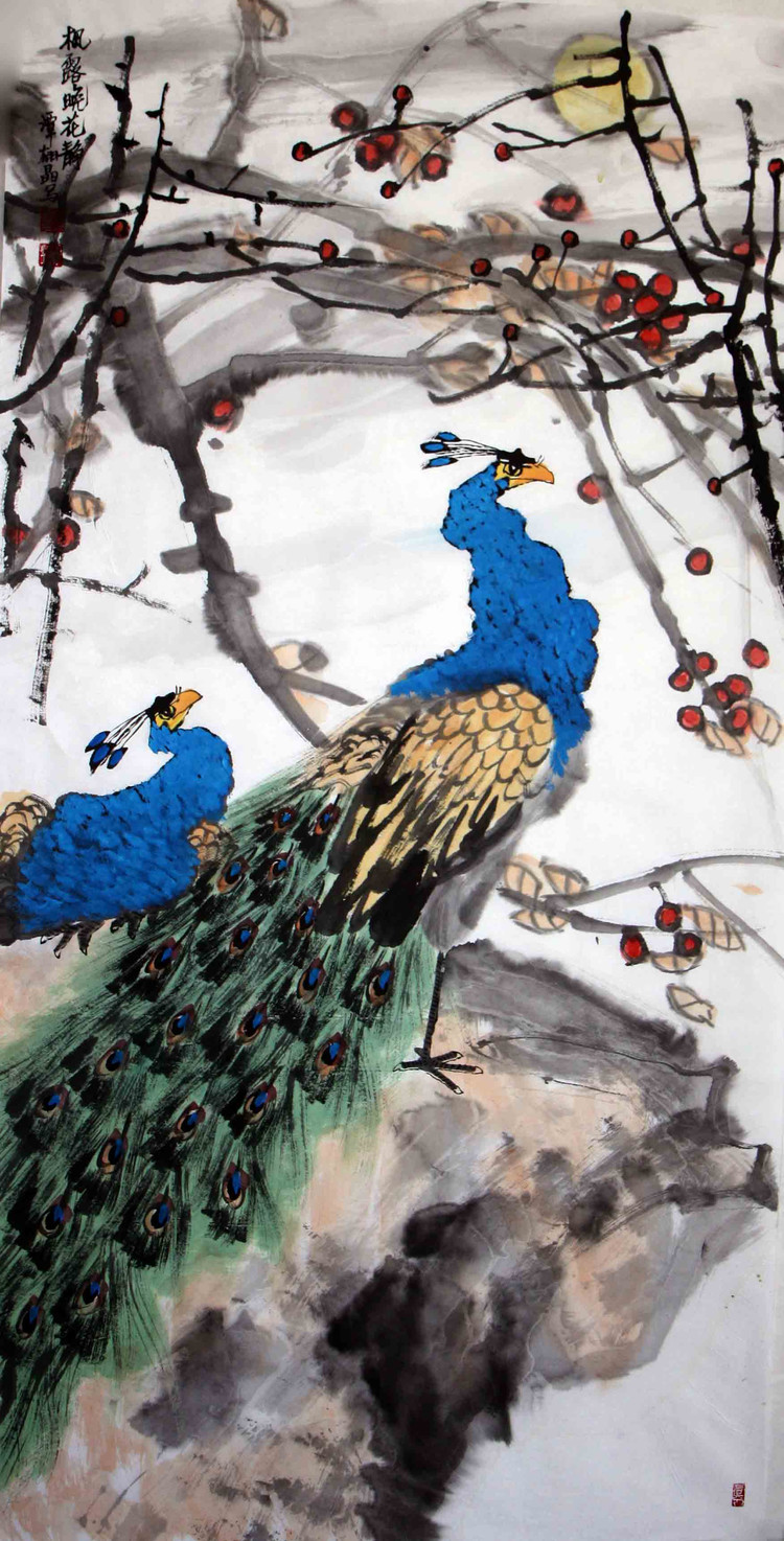 谭翃晶国画孔雀作品