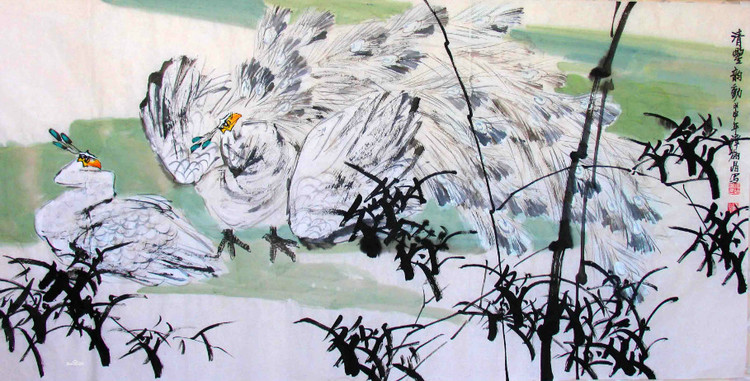 谭翃晶国画孔雀作品