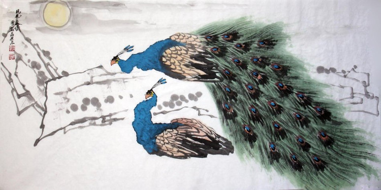 谭翃晶国画孔雀作品
