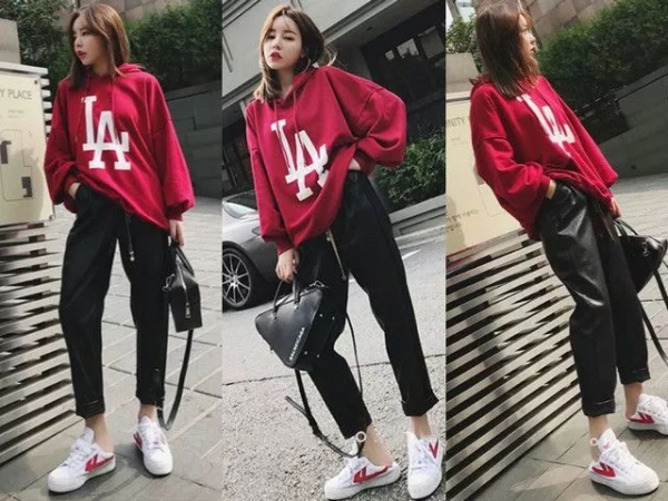 红色卫衣与黑色裤子搭配