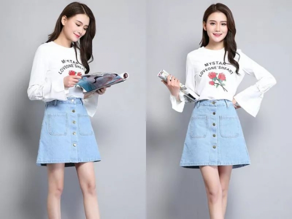 蓝色牛仔裙配什么上衣