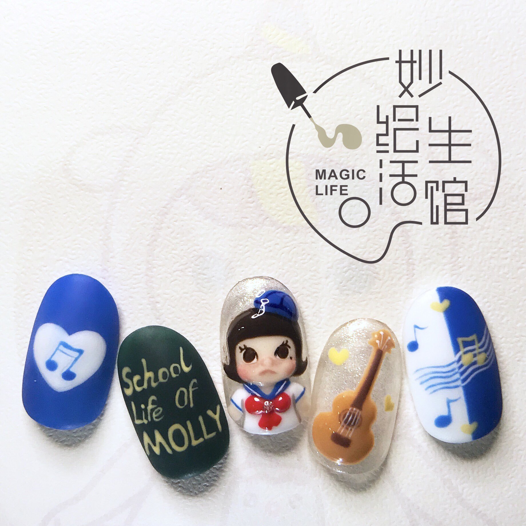 蓝色圆形短指甲手绘可爱卡通绿色美甲图片美甲款式